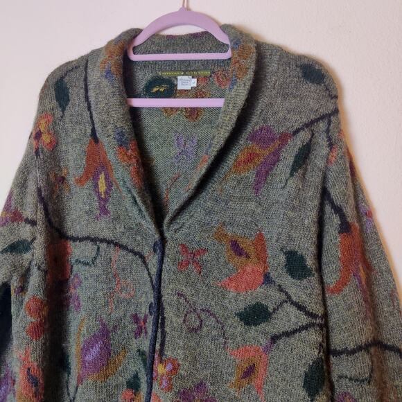 Peruvian Connection 100% Alpaca Green Floral Knit Cozy Cardigan Sweater Large - Picture 3 of 10